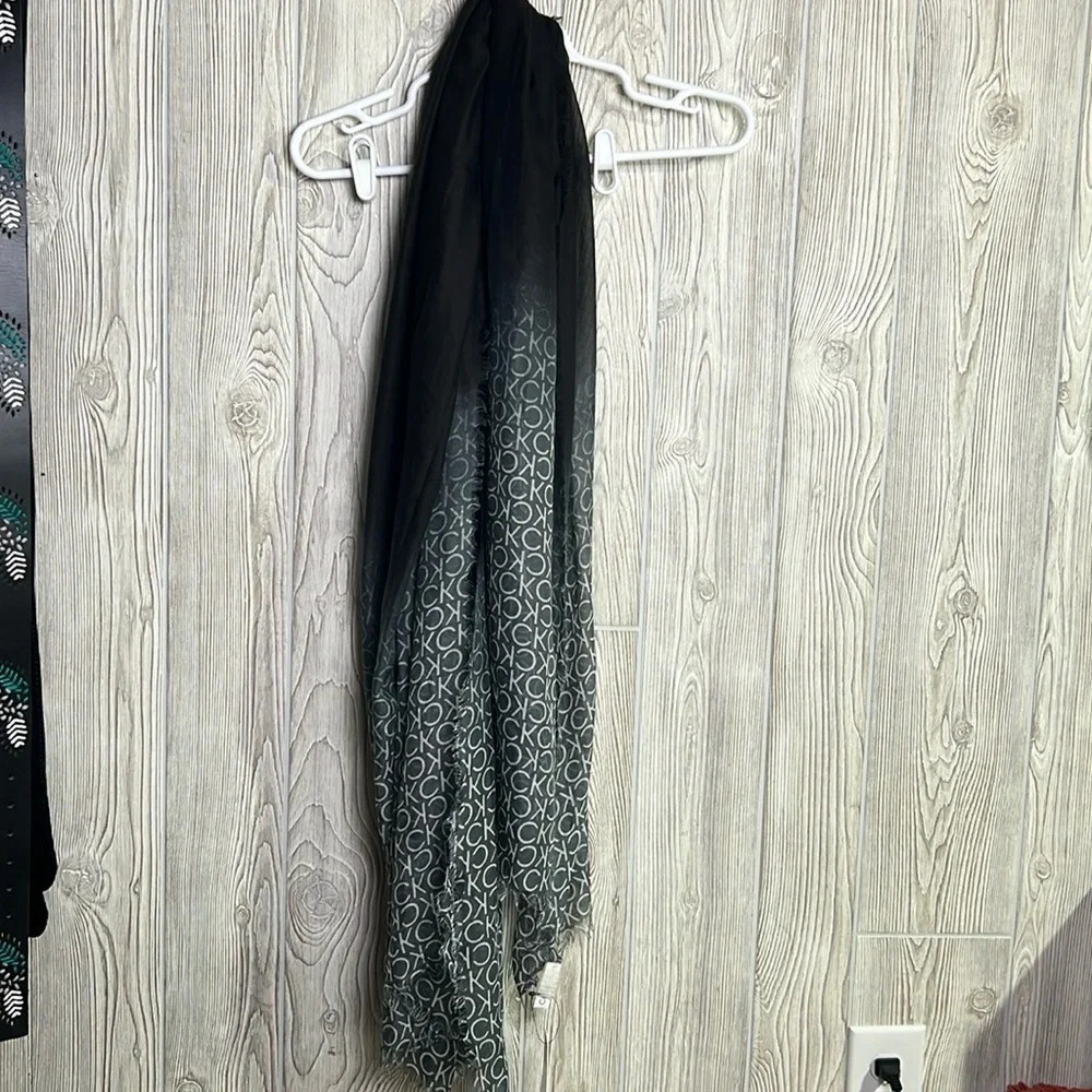 New Calvin Klein Black Silver  Wrap Shawl Fringe Monogram Women One Size